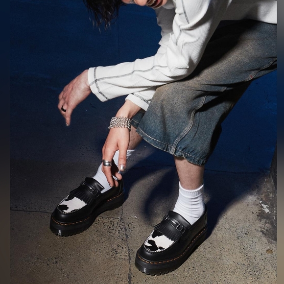 Dr. Martens Adrian Snaffle Quad Black/White Cow Print Horsebit Leather Loafers - Picture 2 of 14